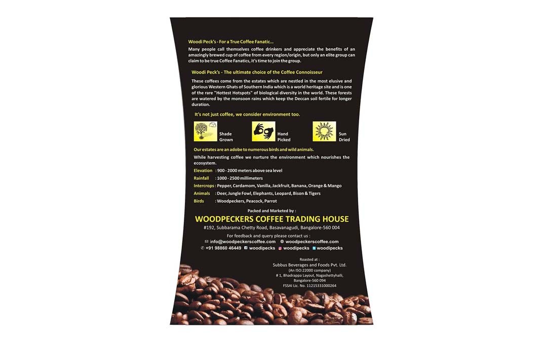 Woodi Peck's Organic Arabica, Roasted & Ground Coffee   Pack  250 grams